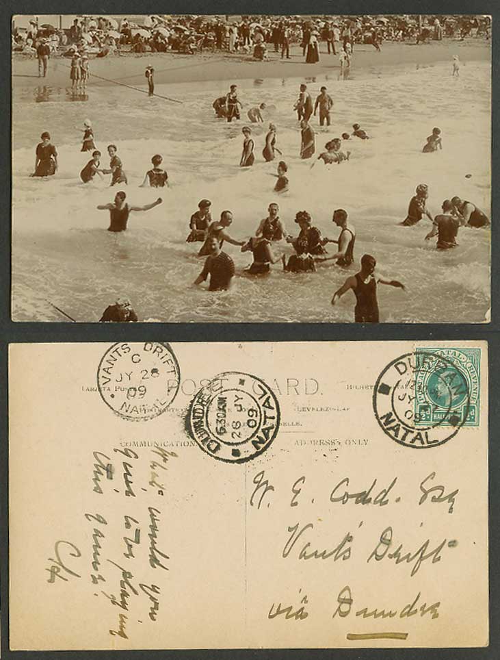 South Africa Durban Ocean Beach Bather Bathing 1/2d 1909 Old Real Photo Postcard