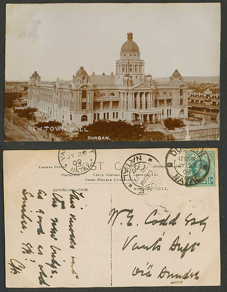 South Africa Natal KE7 1/2d 1909 Old Real Photo Postcard Durban, New Town Hall