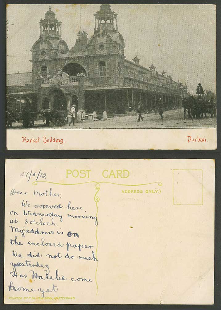 South Africa 1912 Old Postcard Durban, Market Building, Street Scene Horse Carts