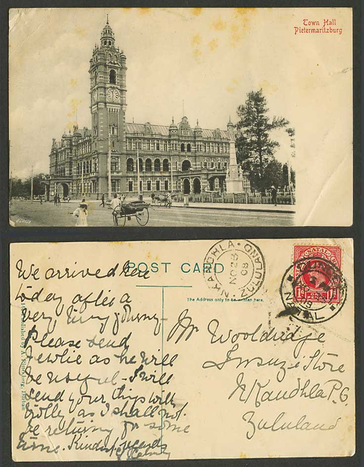 South Africa 1d 1908 Old Postcard Pietermaritzburg Town Hall Clock Tower Ricksha