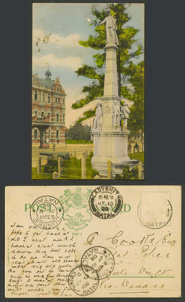 South Africa 1908 Old Hand Tinted Postcard Pietersburg Zulu War Memorial, Street