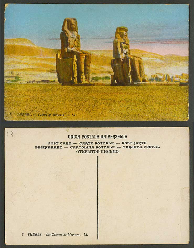Egypt Old Colour Postcard Plain of Thebes, Colossi of Memnon King Statues L.L. 7