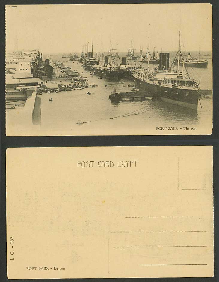 Egypt Old Postcard Port Said The Port, Harbour, Lighthouse Boat Quay Ships Boats
