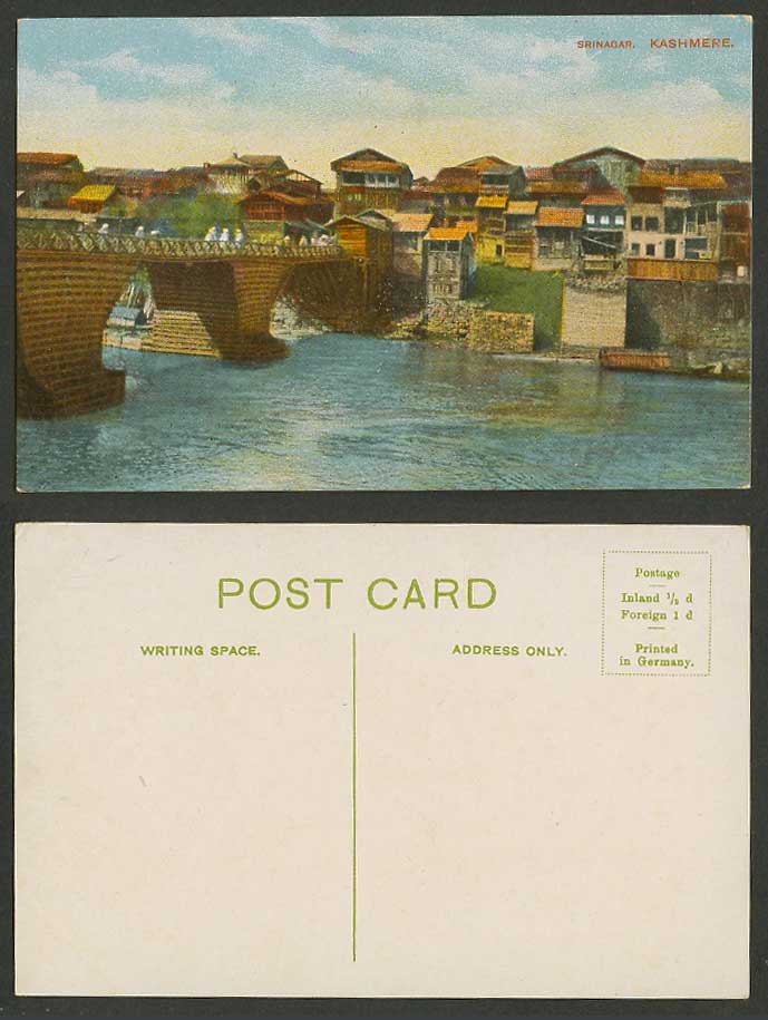 Pakistan Old Colour Postcard SRINAGAR KASHMERE Bridge River Houses British India