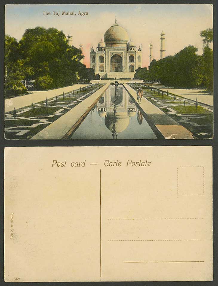 India Old Hand Tinted Postcard TAJ MAHAL AGRA Agra Fountain Gardens General View