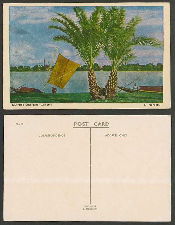 India Old Postcard Riverside Landscape Calcutta, Native Sailing Boat Canoe Palms