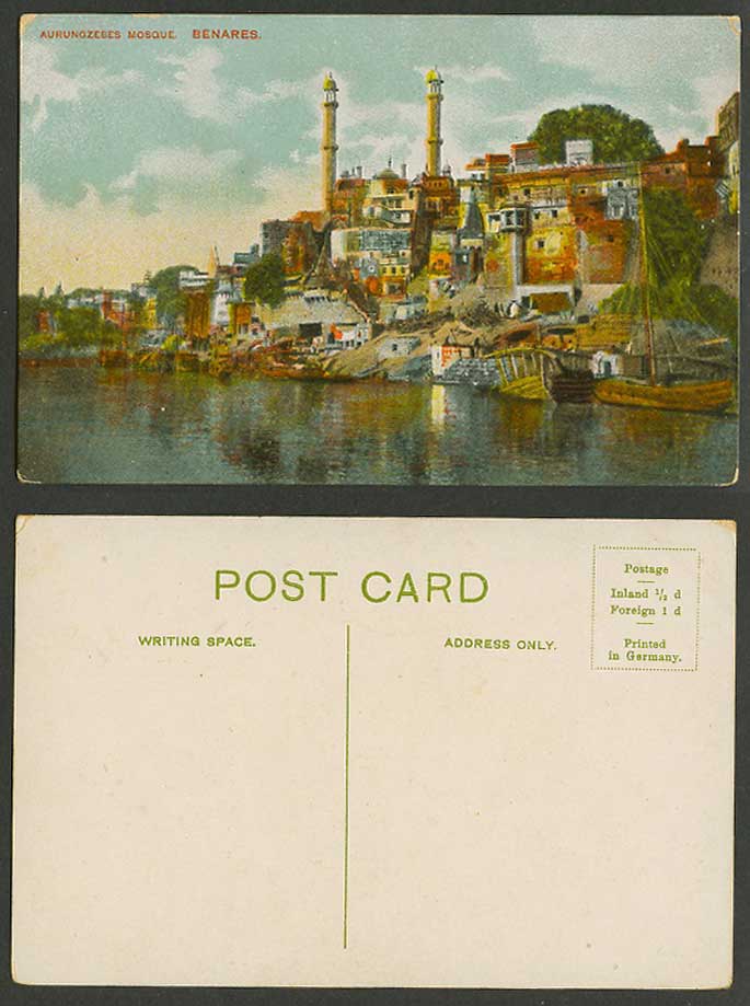 India Old Colour Postcard Benares Orangzeb Aurungzebes Mosque, Boats River Scene