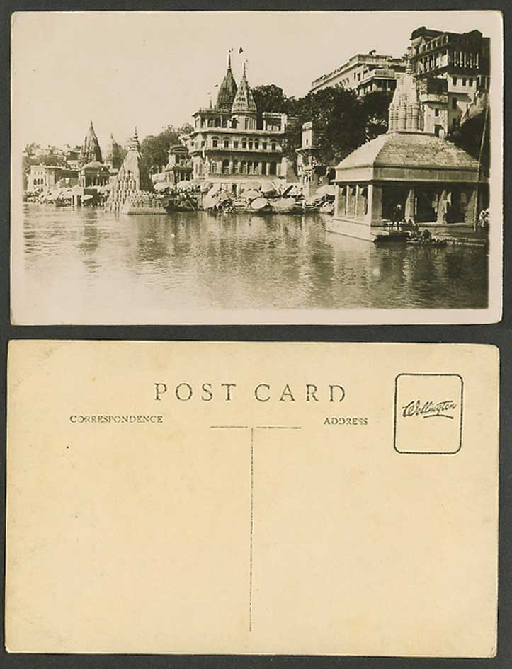 India Old Real Photo Postcard Ghat Benares, River Scene, Temples, Bathers Boats