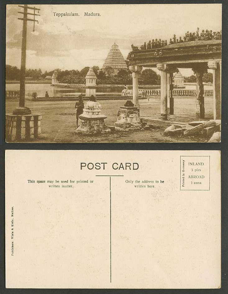India Old Postcard Madura Teppakulam, The Sacred Tank, Pagoda Temple Lake Native