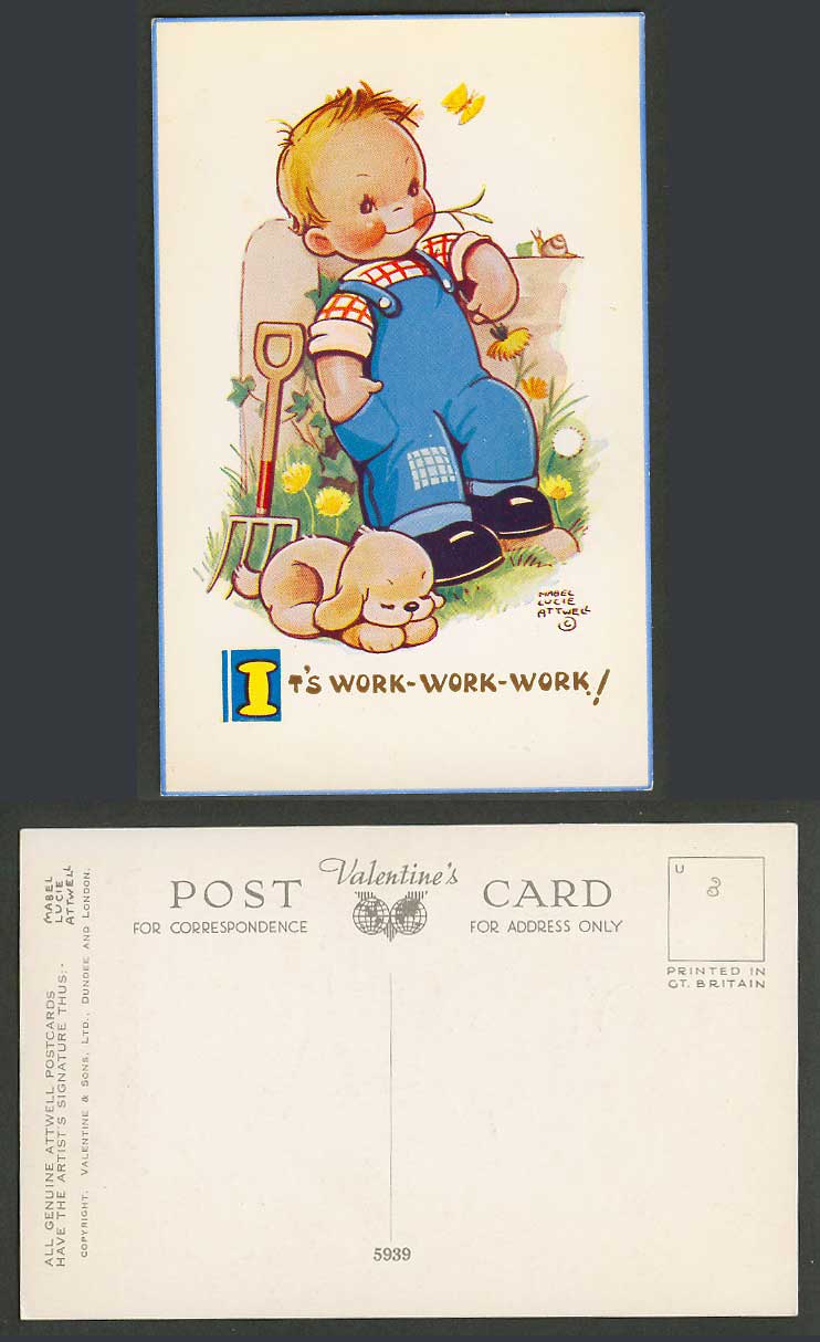 MABEL LUCIE ATTWELL Old Postcard Its Work Work Work Boy Snail Dog Butterfly 5939