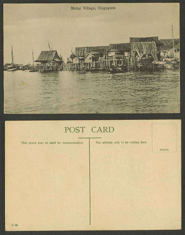 Singapore Old Postcard Malay Village Native Houses on Stilts Ladders Ships Boats