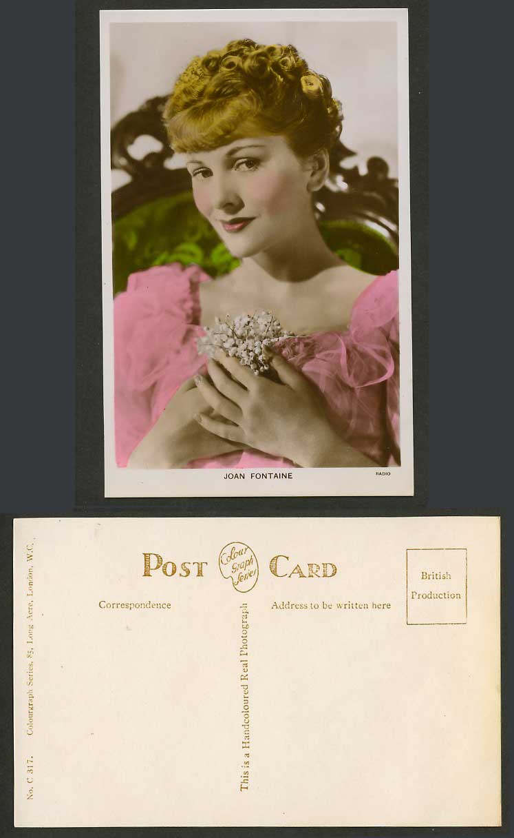 American Actress Joan Fontaine Cinema Radio Old Real Photo Handcoloured Postcard