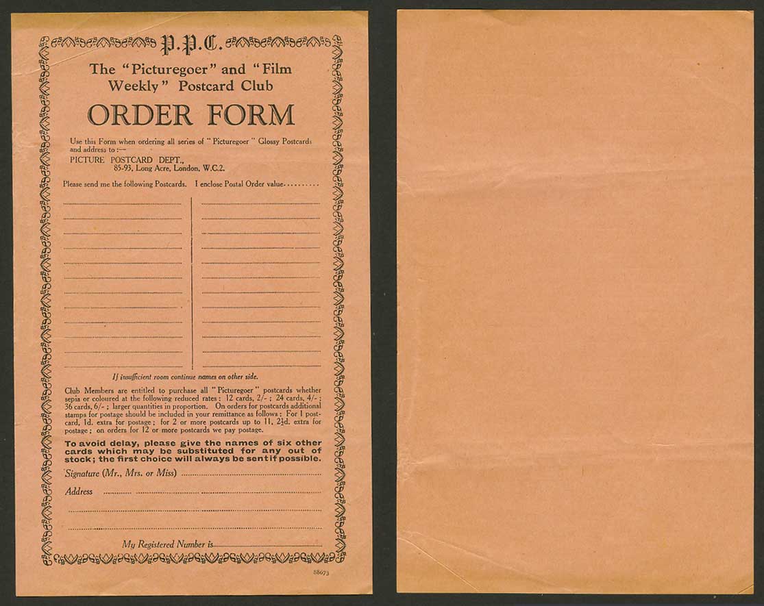 Vintage Old Order Form, The Picturegoer & Film Weekly Post Club Glossy Postcards