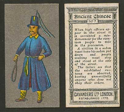 China 1926 Cavanders Old Cigarette Card Ancient Chinese Lictor with Whip Costume