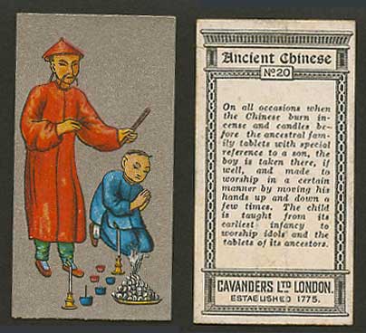 China 1926 Cavanders Old Cigarette Card Ancient Chinese Burn Incense Candles Son