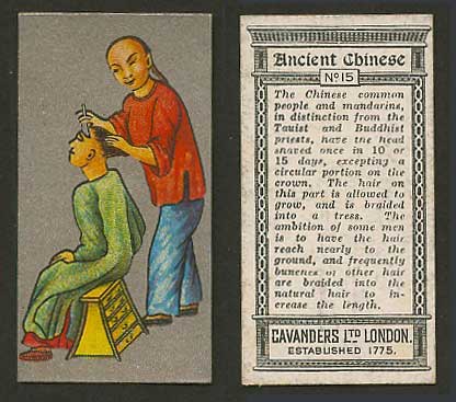 China 1926 Cavanders Old Cigarette Card Ancient Chinese Barber Shaving Head, Men