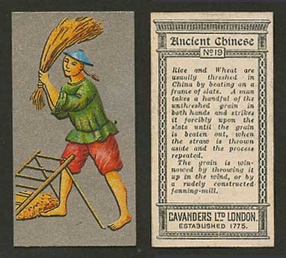 China 1926 Cavanders Old Cigarette Card Ancient Chinese Threshing Rice and Wheat
