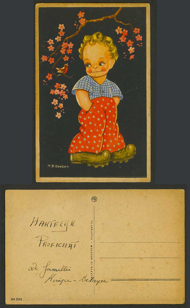 M.B. Cooper Artist Signed Old Postcard Little Boy Looking at Bird Flower Belgium