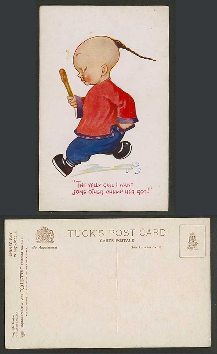 China Tuck's Oilette Chinese Chinee Boy Velly Jolly, Girl Got Chump Old Postcard
