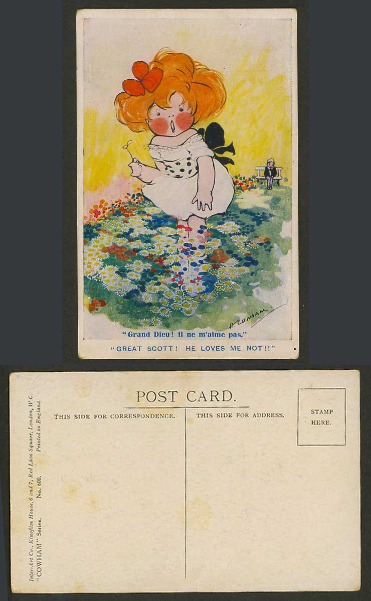 Hilda H. Cowham Old Postcard Great Scott He Loves Me Not! Counting Flower Petals