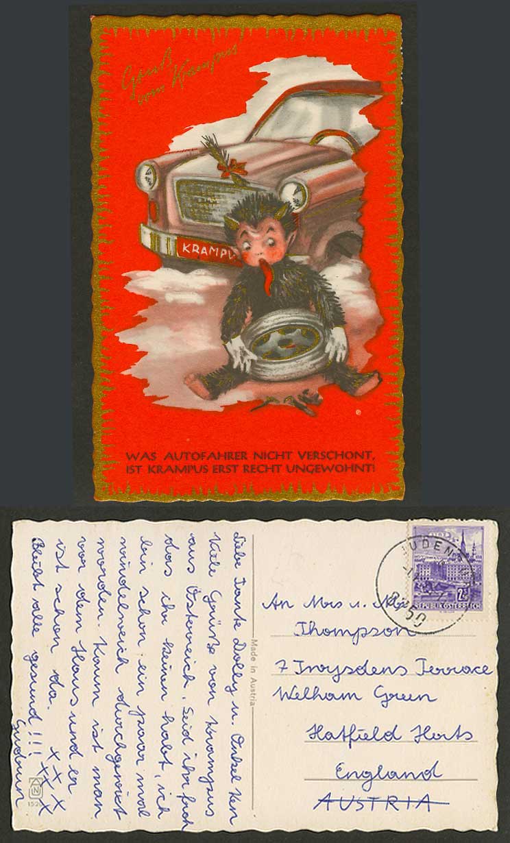 Gruss vom Krampus Motor Car Wheel, Comic, Austrian Stamp 2.50s Linz Old Postcard