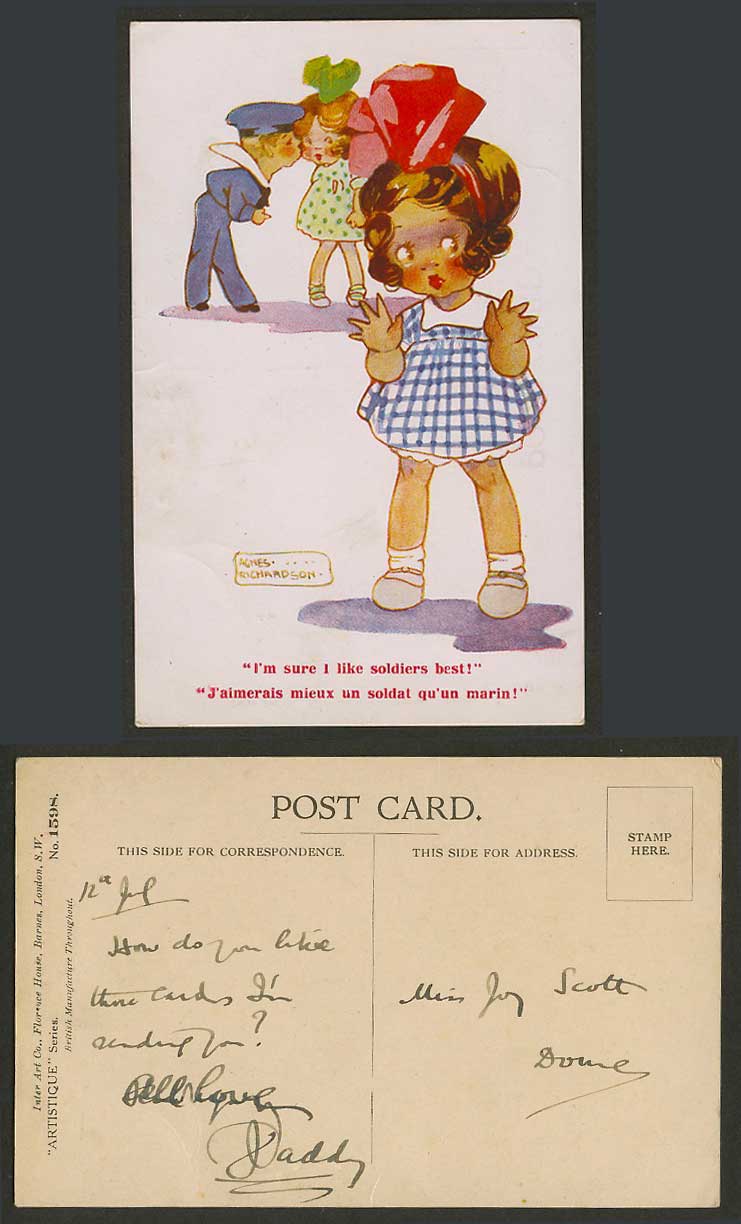 Agnes Richardson Old Postcard I'm sure I like soldiers best Soldier Kissing Girl