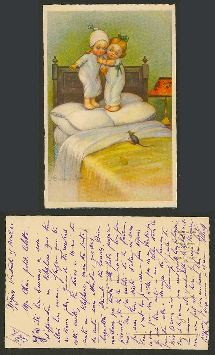 E Colombo Artist Signed 1932 Old Postcard Little Girls Scared of a Mouse Rat Bed