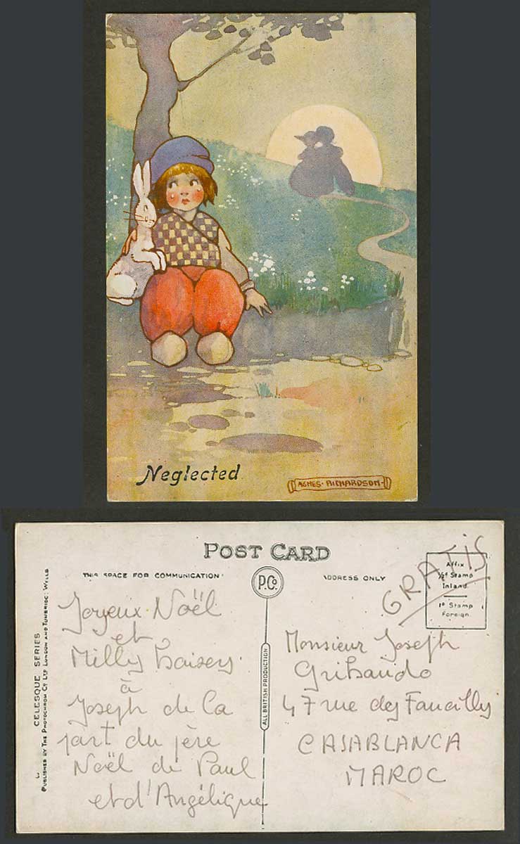 Agnes Richardson Old Postcard Neglected, Girl, Rabbit Tears, Kiss under the Moon