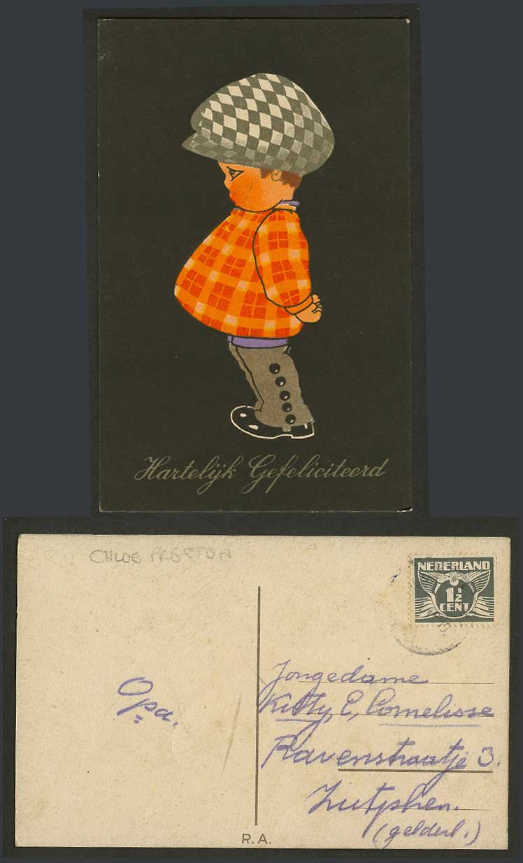 Chloe Preston, Little Boy Pippy Hat, Dutch 1 1/2c Stamp Old Hand Tinted Postcard