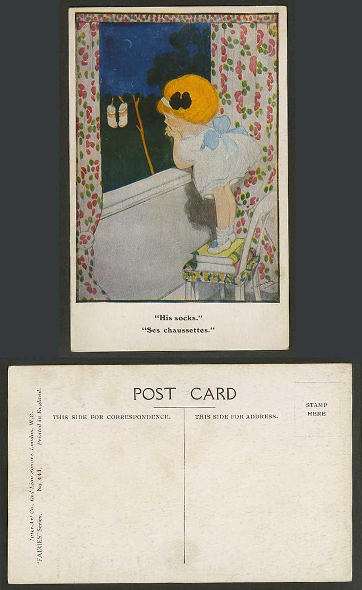 Hilda H Cowham Artist Signed Old Postcard His Socks Ses chaussettes Fairies Ser.
