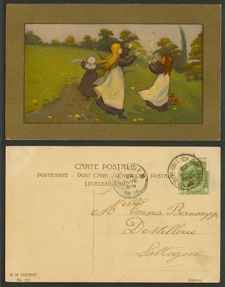 Barham Artist Signed Belgium 1906 Old Postcard 3 Girls Children, M.M. Vienne 253