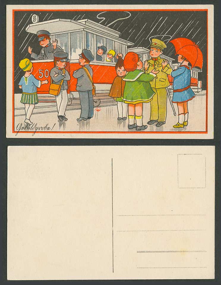 Tram Train 5. 50. Tramway Railway Children Boys Girls Rain Raining Old Postcard