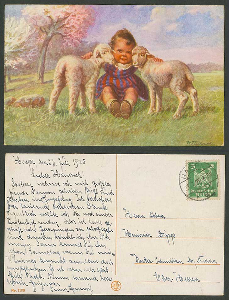 W. Fialkowska Artist Signed 1925 Old Postcard Girl and Lamb Lambs Children Trees