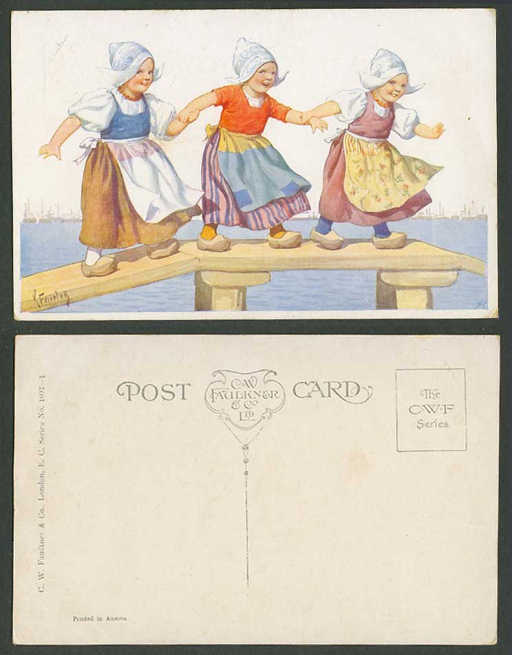 K. Feiertag Artist Signed Old Postcard Dutch Girls Holding Hands Bridge Children