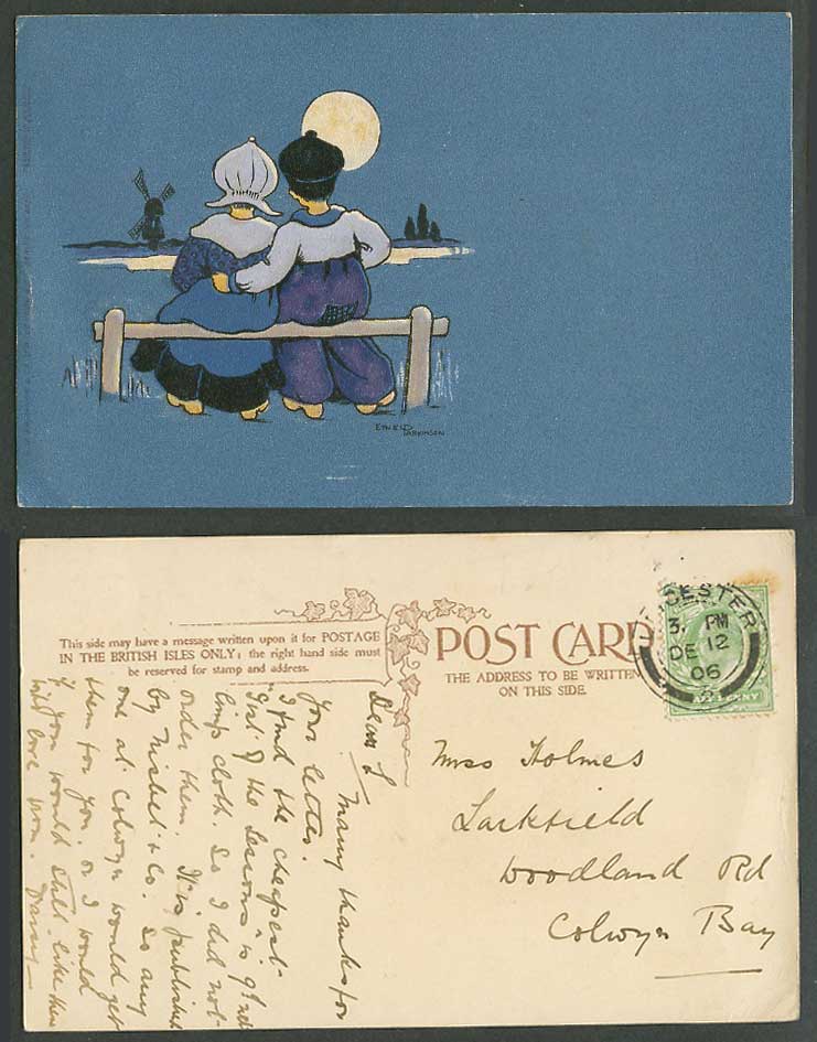 Ethel Parkinson Artist Signed 1906 Old Postcard Dutch Boy and Girl Windmill Moon