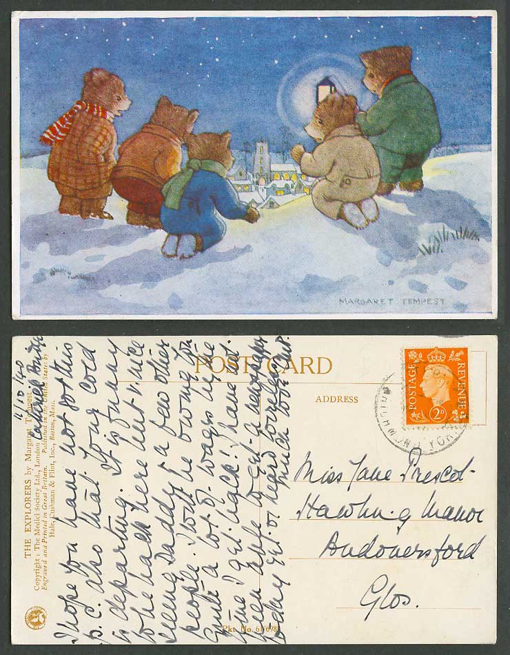 Margaret Tempest 1940 Old Postcard The Explorers, Teddy Bears Winter Snowy Night