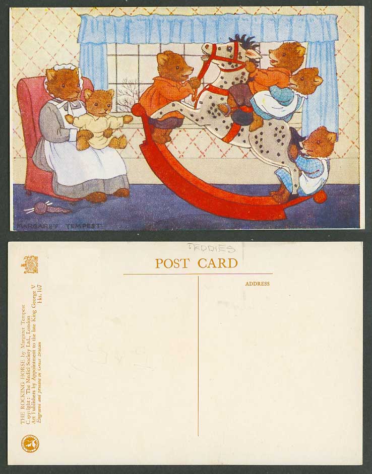 Margaret Tempest Old Postcard The Rocking Horse Teddy Bears Bear Family Baby Cub