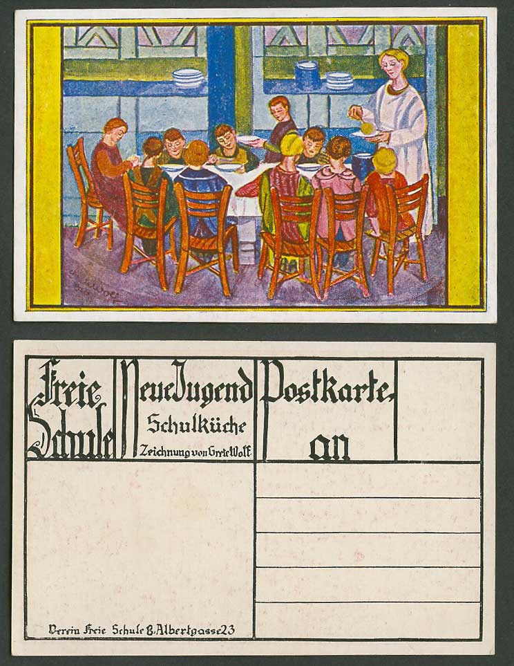 Grete Wolf Artist Signed Old Postcard Derrin Freie Schule School Kitchen, Dining