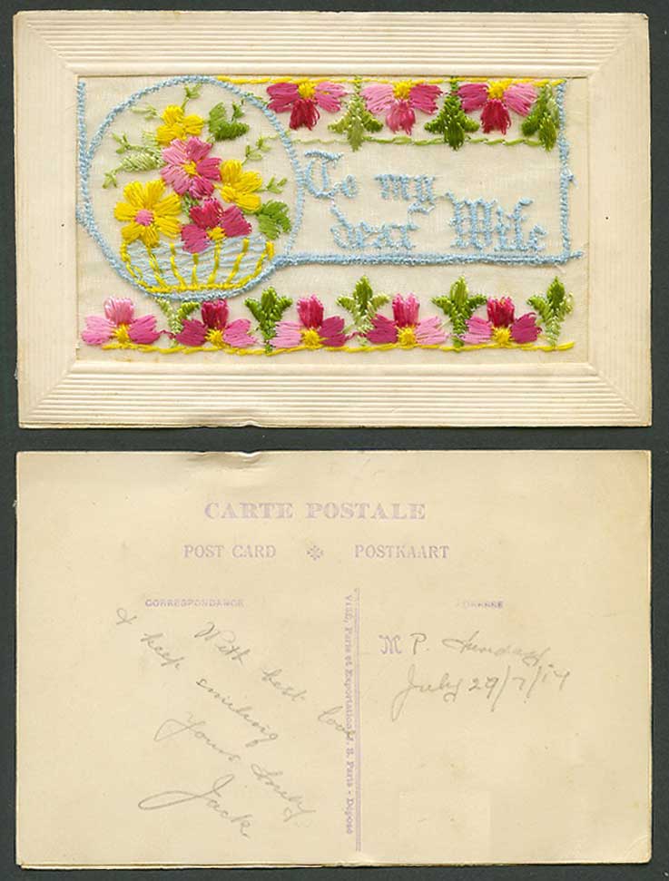 WW1 SILK Embroidered 1917 Old Postcard To My Dear Wife Flower Basket EmptyWallet