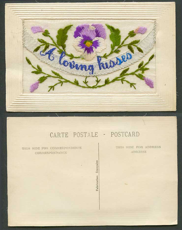 WW1 SILK Embroidered Old Postcard A Loving Kisses, Pansies Flowers, Empty Wallet
