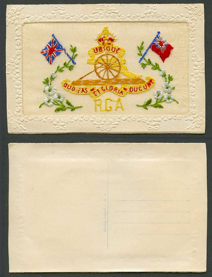 WW1 SILK Embroidered Old Postcard RGA Royal Garrison Artillery Coat of Arms Flag