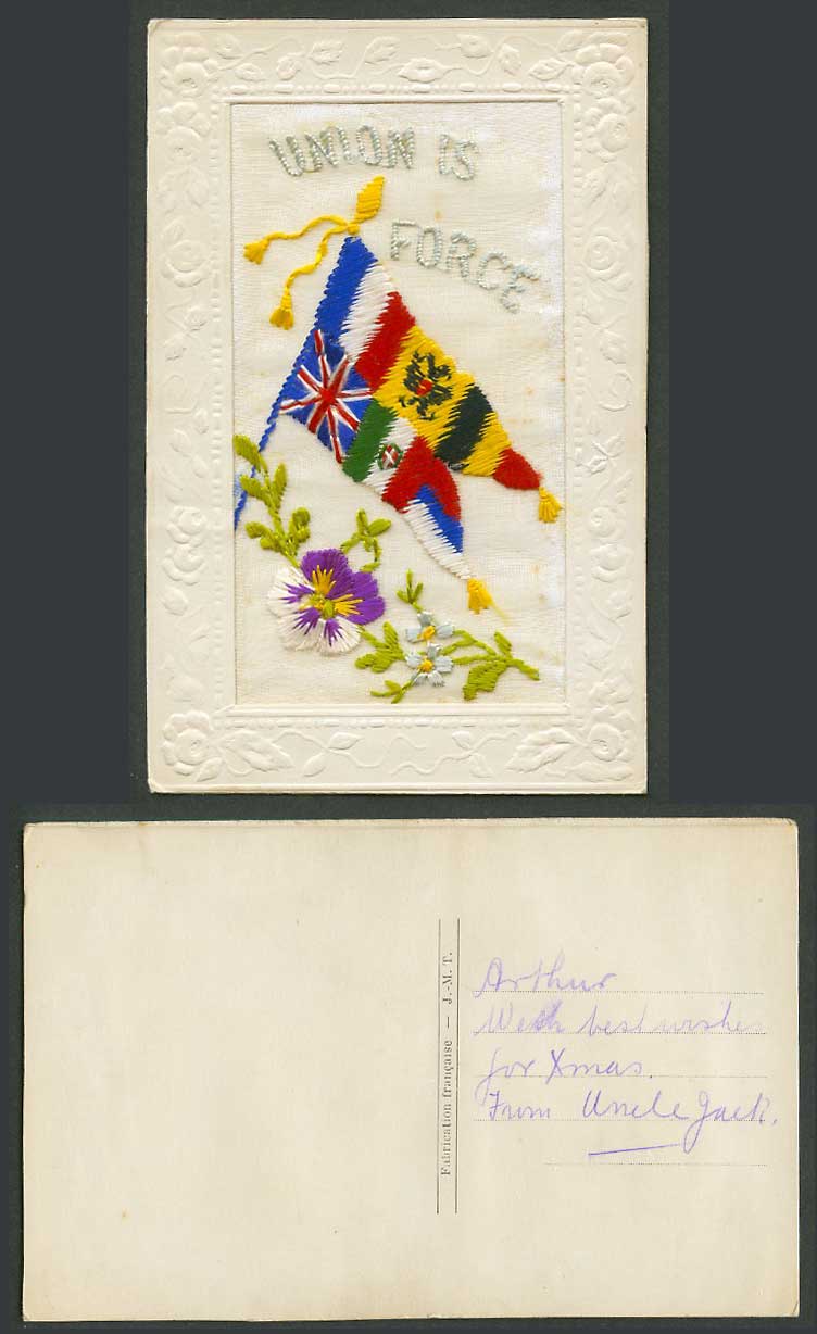 WW1 SILK Embroidered Old Postcard Union is Force Flags Pansy etc Flowers Novelty