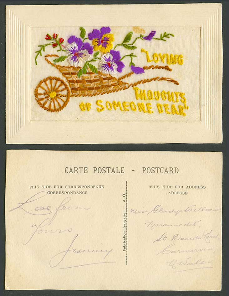 WW1 SILK Embroidered Old Postcard Loving Thoughts of Someone Dear, Flowers Cart