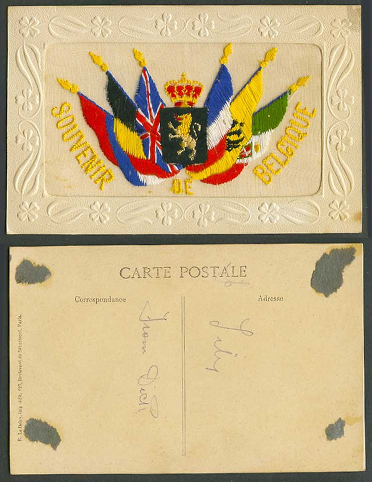 WW1 SILK Embroidered Old Postcard Souvenir Belgique Belgium Flags & Coat of Arms