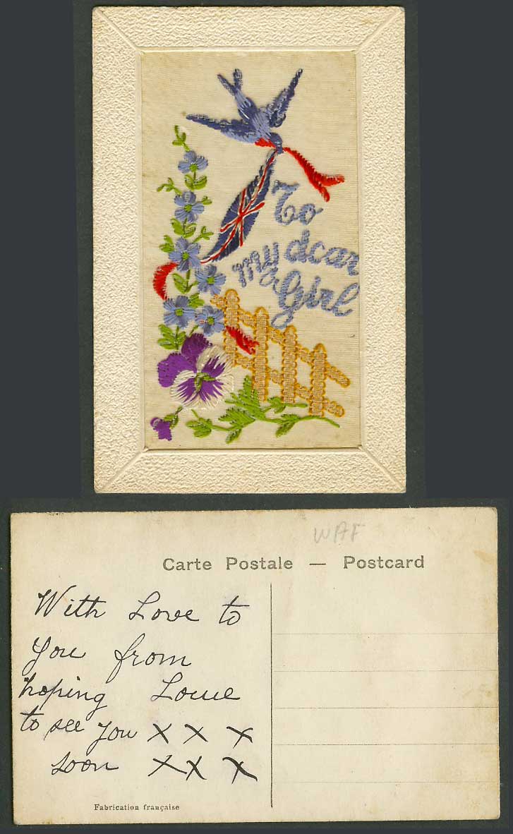WW1 SILK Embroidered Old Postcard To My Dear Girl Bird British Flag Pansy Flower