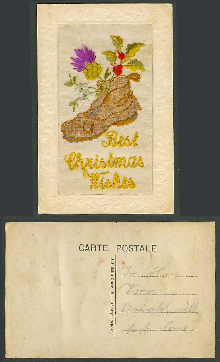 WW1 SILK Embroidered Old Postcard Best Christmas Wishes Thistle Flower Boot Shoe