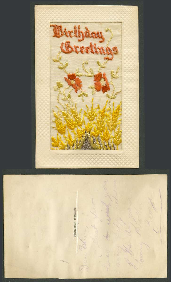 WW1 SILK Embroidered French Old Postcard Birthday Greetings Flower Wheat Novelty