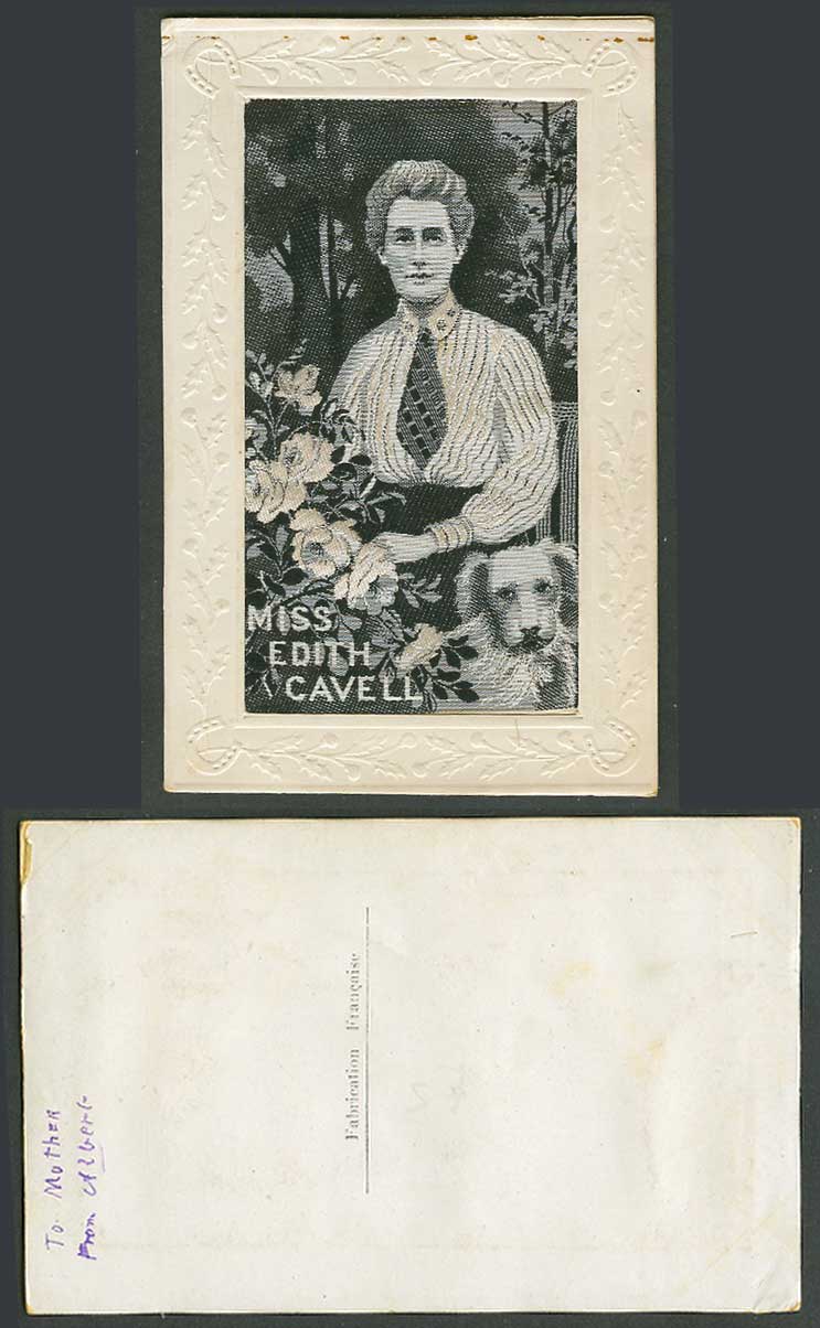 WW1 Woven Silk Old Postcard Miss Edith Cavell Nurse Humanitarian Dog Flower Lady
