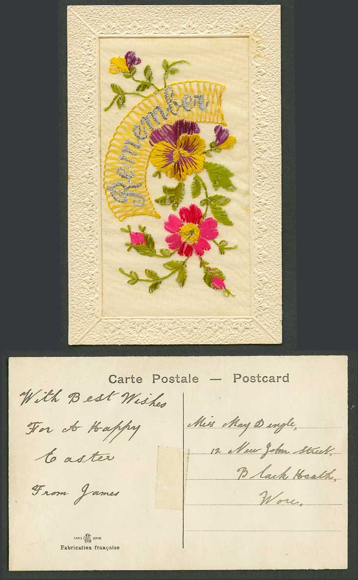 WW1 SILK Embroidered Old Postcard Remember Pansies etc Flowers Novelty Greetings