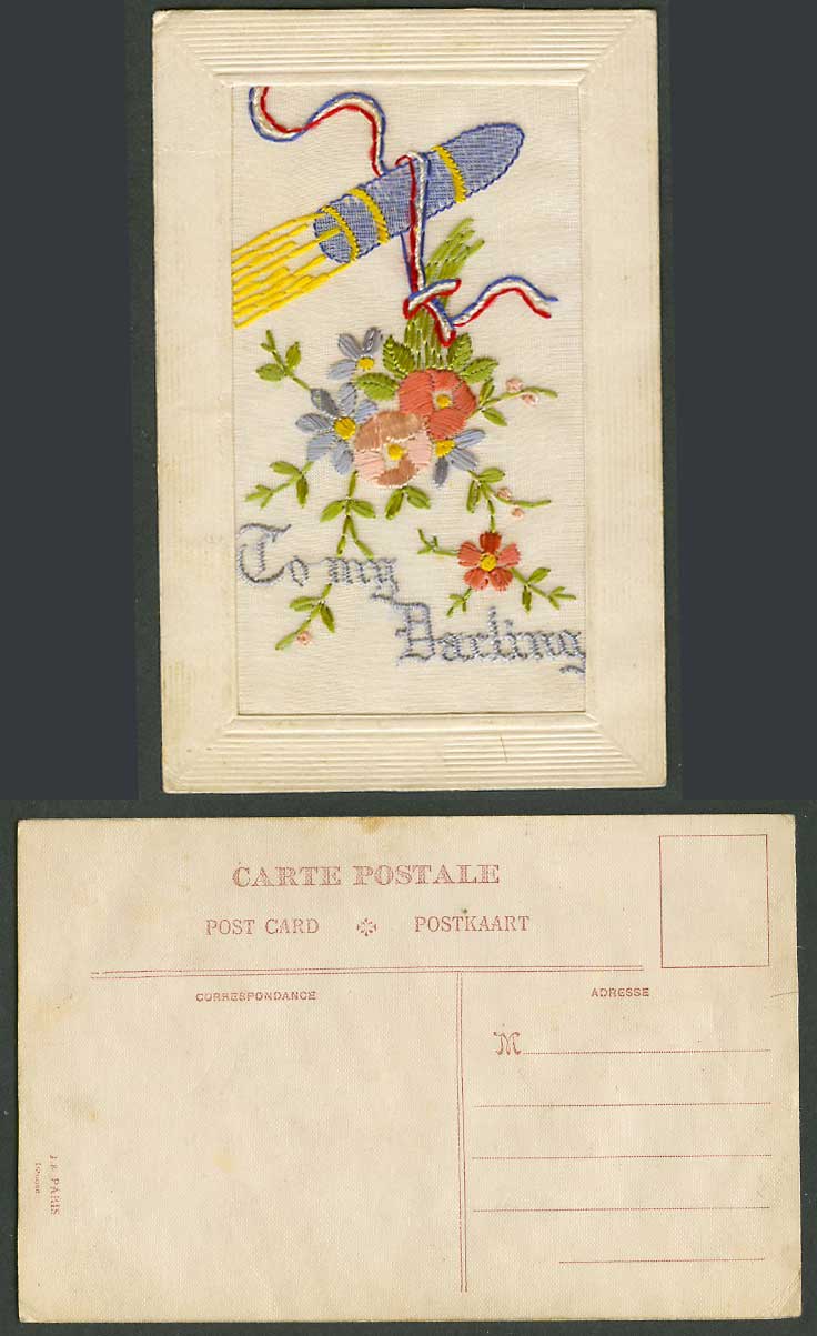 WW1 SILK Embroidered Old Postcard To My Darling, Missile in Action Flowers Bunch